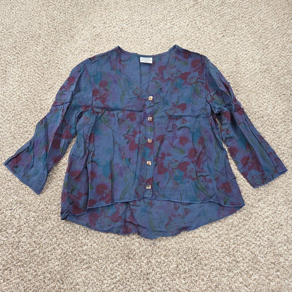 Click by Color Me Cotton CMC Floral 3/4 Sleeve Shirt‎ Button Blue Top Women's S